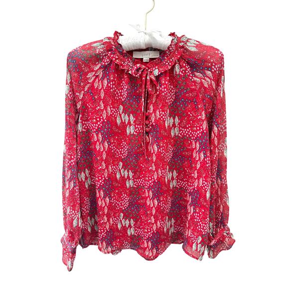 LOFT | Petite Red Garden Floral Ruffle Neck Blouse Top | Small - Picture 1 of 7